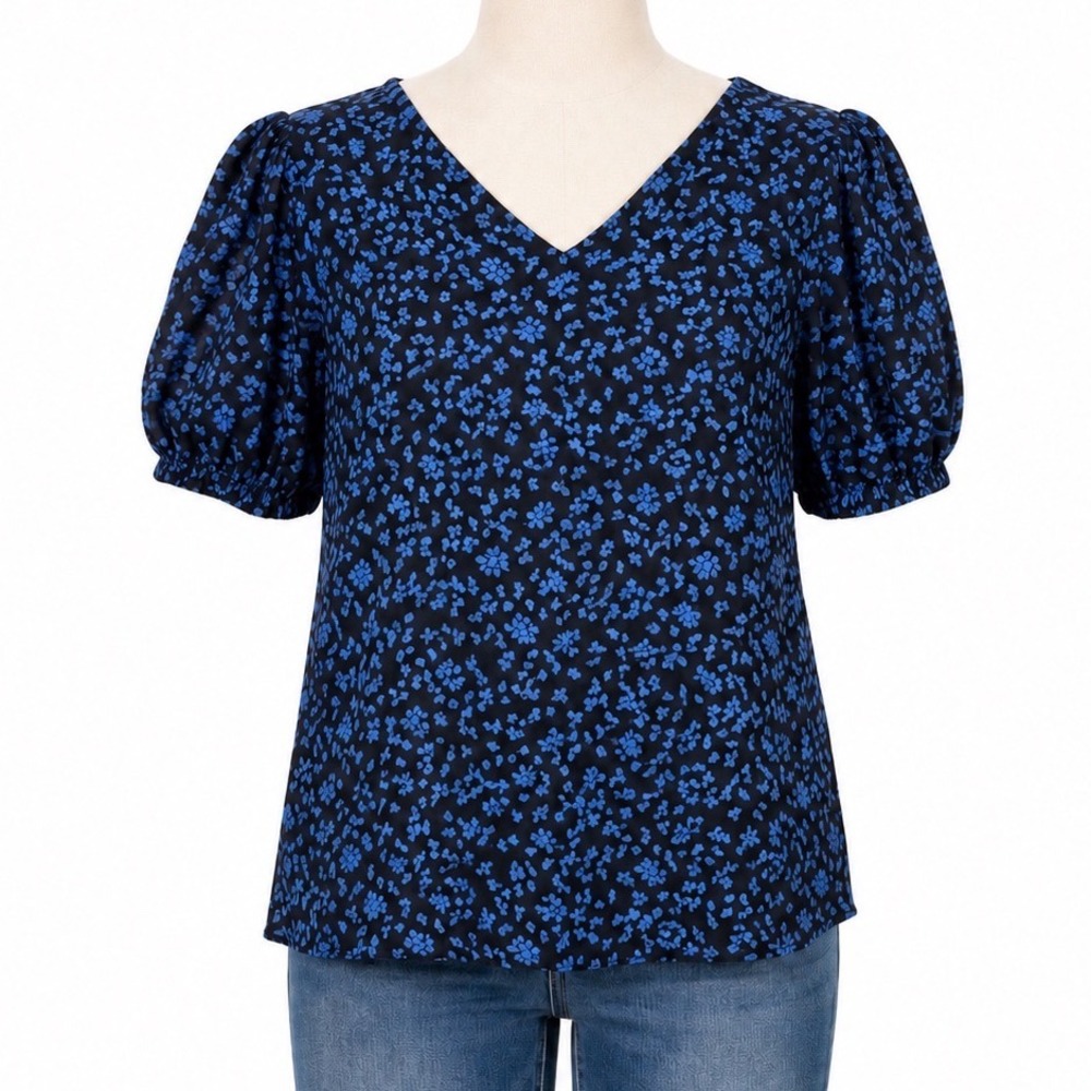 Lush Shirt Medium Blue Micro Floral Flower Michelle Tie Back Blouse Boho Peasant